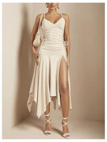 Women's Ruffle High Slit Asymmetrical Midi Skirt High Waisted Ruched A Line Skirt