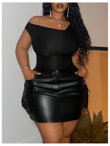 Women's Plus Size PU Leather Mini Skirt High Waisted Flap Pocket Cargo Skirt