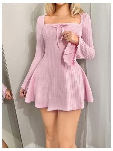 Women's Bell Long Mini Dress Bow Front Square Neck A Line Knit Dresses