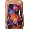 Women's 2 Piece Outfits Floral Print Drawstring Asymmetrical Tube Top and Bodycon Mini Skirt Set