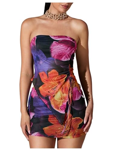 Women's 2 Piece Outfits Floral Print Drawstring Asymmetrical Tube Top and Bodycon Mini Skirt Set