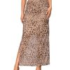 Women's Leopard Print Mesh Skirt Ruched Split Thigh Low Waist Maxi Skirts