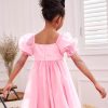 41uPFI7bQbL.jpg Girl's Mesh Short Puff Sleeve Square Neck High Waist Flared Hem Zipper A Line Dress