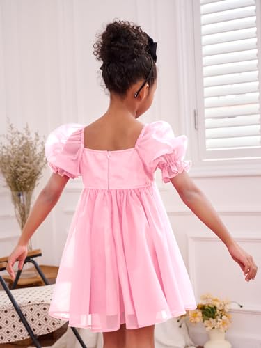 41uPFI7bQbL.jpg Girl's Mesh Short Puff Sleeve Square Neck High Waist Flared Hem Zipper A Line Dress
