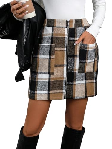 Women's Plaid Patchwork Zipper Front High Waist Mini Skirt with 2 Pockets