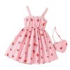 Toddler Girl's Plaid Strawberry Print Flared Cami Dress Cute Swing Dress with Bag