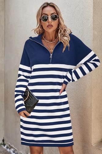 41vHqSXq25L.jpg Women's Winter Sweater Dress 2024 Striped Long Sleeve Lapel Collar Chunky Knit Slouchy Oversized Sweaters