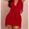 41vMISa8jVL.jpg Women's Sexy Mesh Deep V Neck Ruffle Trim Halter Mini Dress 3D Flower Decor Sleeveless Cocktail Dress