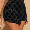 Women's Rhinestone Wrap Velvet Hign Waist Skorts Asymmetrical Hem Party Club Skirt Shorts