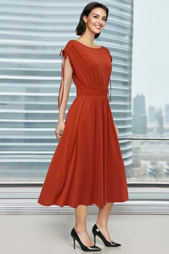 Womens 2025 Summer Drawstring Cap Sleeve Boat Neck Smocked Casual Vacation Outfits Vestidos Midi Dress