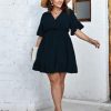 41vqF-Ws-1L.jpg Plus Size Casual Summer Dress for Women Swiss Dot Wrap V Neck Ruffle Sleeve Smock Boho Mini Dress