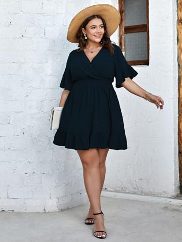 41vqF-Ws-1L.jpg Plus Size Casual Summer Dress for Women Swiss Dot Wrap V Neck Ruffle Sleeve Smock Boho Mini Dress