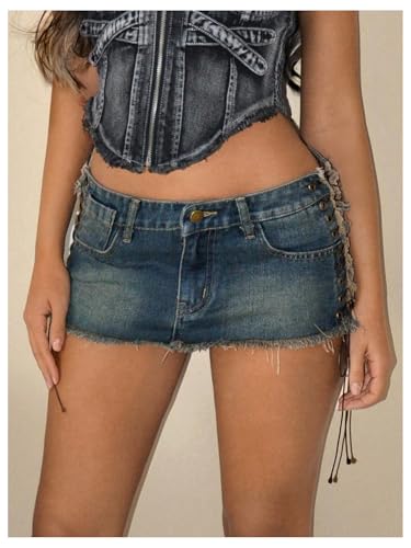 41wHYLpvpGL.jpg Women's Lace Up Side Bodycon Denim Mini Skirt Y2k Low Rise Frayed Hem Jean Skirts