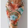 Women's 3 Piece Floral Halter Bikini Set Ring Linked Leopard Print Swimsuit with Coverup Skirt