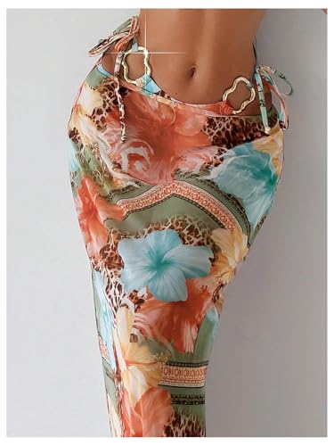 Women's 3 Piece Floral Halter Bikini Set Ring Linked Leopard Print Swimsuit with Coverup Skirt