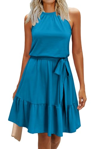 41wIDfJCML.jpg Womens 2025 Summer Dress Halter Wedding Guest Casual Beach Vacation Outfits Belted Sundresses with Pockets