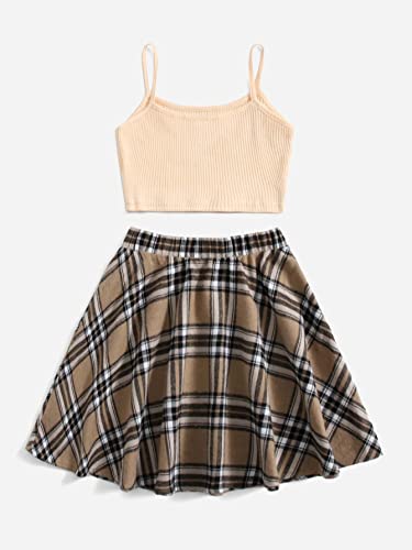 41wZS6XA2rL.jpg Girl's 2 Piece Outfits Cartoon Print Cami Top and Plaid Skater Skirt Set
