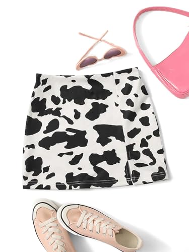 Girl's Cow Print Summer Split Hem High Waist Zipper Casual Short Skirt
