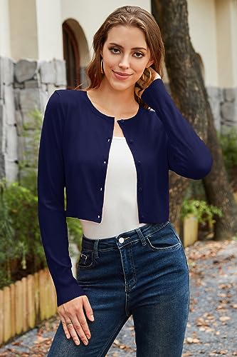 Cropped Cardigan Sweaters for Women 2025 Crew Neck Button Down Open Front Knit Bolero Shrugs
