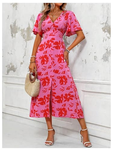 41wyOePvnML.jpg Women's Floral Print V Neck Ruffle Short Sleeve Dress Split A Line Long Dresses