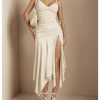 Women's Ruffle High Slit Asymmetrical Midi Skirt High Waisted Ruched A Line Skirt