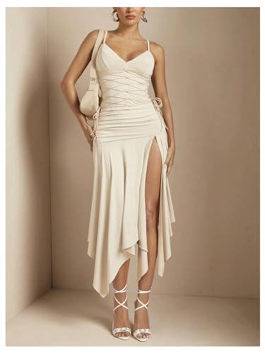 Women's Ruffle High Slit Asymmetrical Midi Skirt High Waisted Ruched A Line Skirt