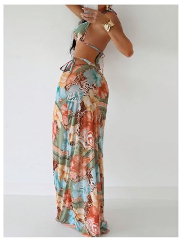 Women's 3 Piece Floral Halter Bikini Set Ring Linked Leopard Print Swimsuit with Coverup Skirt