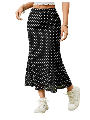 41xCL2xGRkL.jpg Women's Polka Dots Fishtail Midi Skirt Elastic Waist Ruffle Hem Mesh Bodycon Skirt