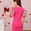 Girl's Ribbed Mesh Short Puff Sleeve Cute Birthday Party Pencil Mini Dress