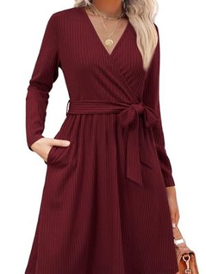 Womens 2025 Fall Dresses Teacher Church Business Casual Work Outfits Knit Midi Sweater Pockets Belt Dress