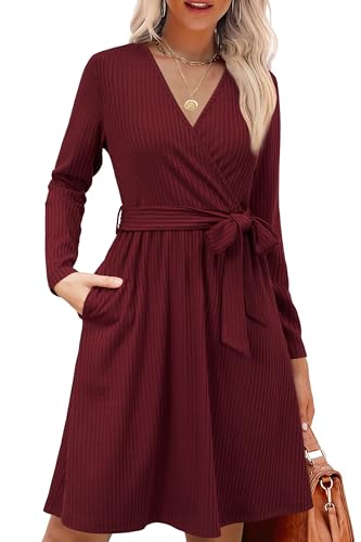 Womens 2025 Fall Dresses Teacher Church Business Casual Work Outfits Knit Midi Sweater Pockets Belt Dress