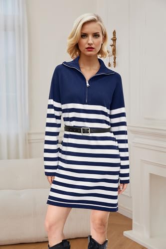 41xvtL77A2L.jpg Women's Winter Sweater Dress 2024 Striped Long Sleeve Lapel Collar Chunky Knit Slouchy Oversized Sweaters
