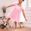 41y-Tf0r-L.jpg Girl's Mesh Short Puff Sleeve Square Neck High Waist Flared Hem Zipper A Line Dress