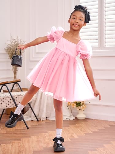 41y-Tf0r-L.jpg Girl's Mesh Short Puff Sleeve Square Neck High Waist Flared Hem Zipper A Line Dress