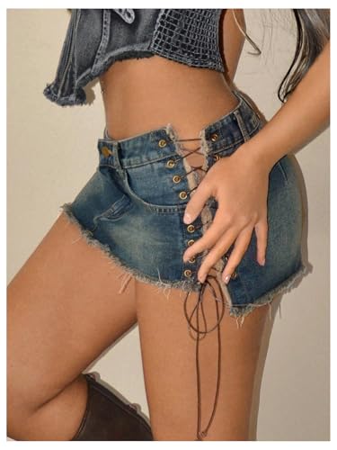 41yAcJV4c0L.jpg Women's Lace Up Side Bodycon Denim Mini Skirt Y2k Low Rise Frayed Hem Jean Skirts