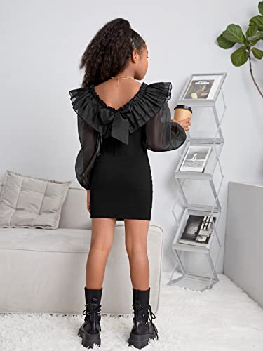 41yg4o25KOL.jpg Girl's Mesh Ruffle Trim Layered Tie Back Lantern Sleeve Pencil Mini Dress