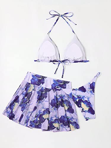 41z159Igl8L.jpg Women's 3 Piece Halter Triangle Bikini Marble Print Swimsuits and Coverup Skirt