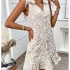 Women's Floral Textured Bow Tie Shoulder Short Dress Ruffle Sleeveless V Neck Tank Dresses