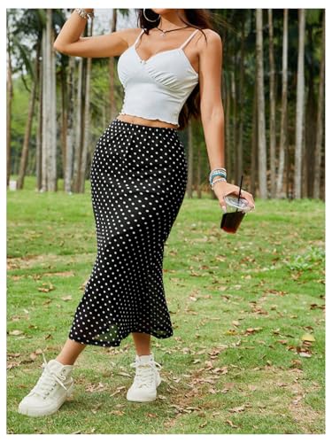 51-CPobrhzL.jpg Women's Polka Dots Fishtail Midi Skirt Elastic Waist Ruffle Hem Mesh Bodycon Skirt
