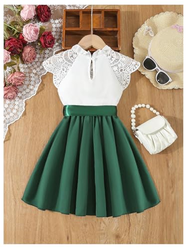 Toddler Girl's Lace Mock Neck Cap Sleeve Dress Belted A Line Flared Dresses