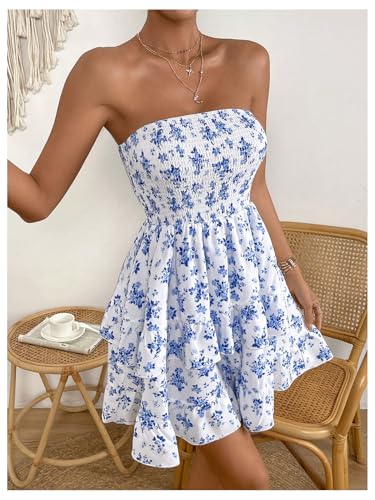 Women's Floral Print Ruffle Hem Tiered Layer Backless Shirred Tube A Line Dress