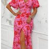 51-RYDX4xAL.jpg Women's Floral Print V Neck Ruffle Short Sleeve Dress Split A Line Long Dresses