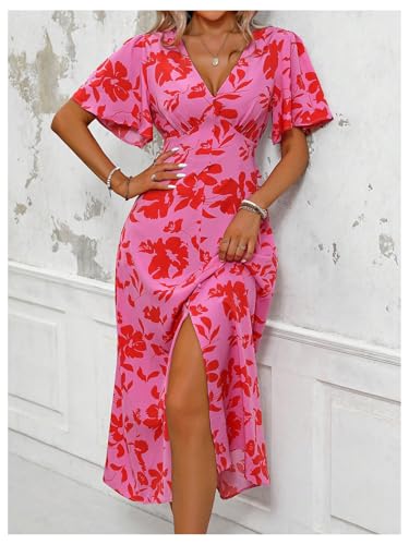 51-RYDX4xAL.jpg Women's Floral Print V Neck Ruffle Short Sleeve Dress Split A Line Long Dresses