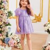 Girl's Cute Appliques Short Puff Sleeve Square Neck Dress Ruffle Trim Knee Length Dress