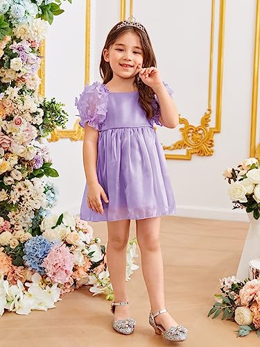Girl's Cute Appliques Short Puff Sleeve Square Neck Dress Ruffle Trim Knee Length Dress