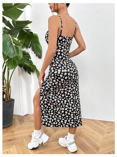 510Em8-u3ML.jpg Women's Floral Print Split Thigh Midi Cami Dress Square Neck High Waist Slim Fit Summer Dress