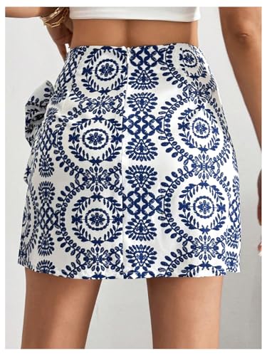 Women's Allover Print Knot Side High Waist Wrap Skirt Zipper Back Boho Mini Skirt
