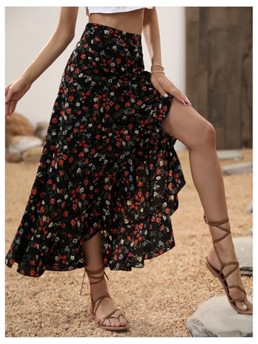 Women's Boho Floral Print Ruffle Maxi Skirt High Waisted Split Long Skirts