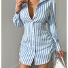 Women's Striped Button Down Drawstring Side Dress Long Sleeve Collared Smocked Shirt Dresses