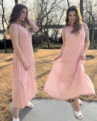 Women's 2024 Summer Midi Dresses Sleeveless Crewneck Beach Boho Casual Loose Long Flowy Tiered Sundress with Pockets